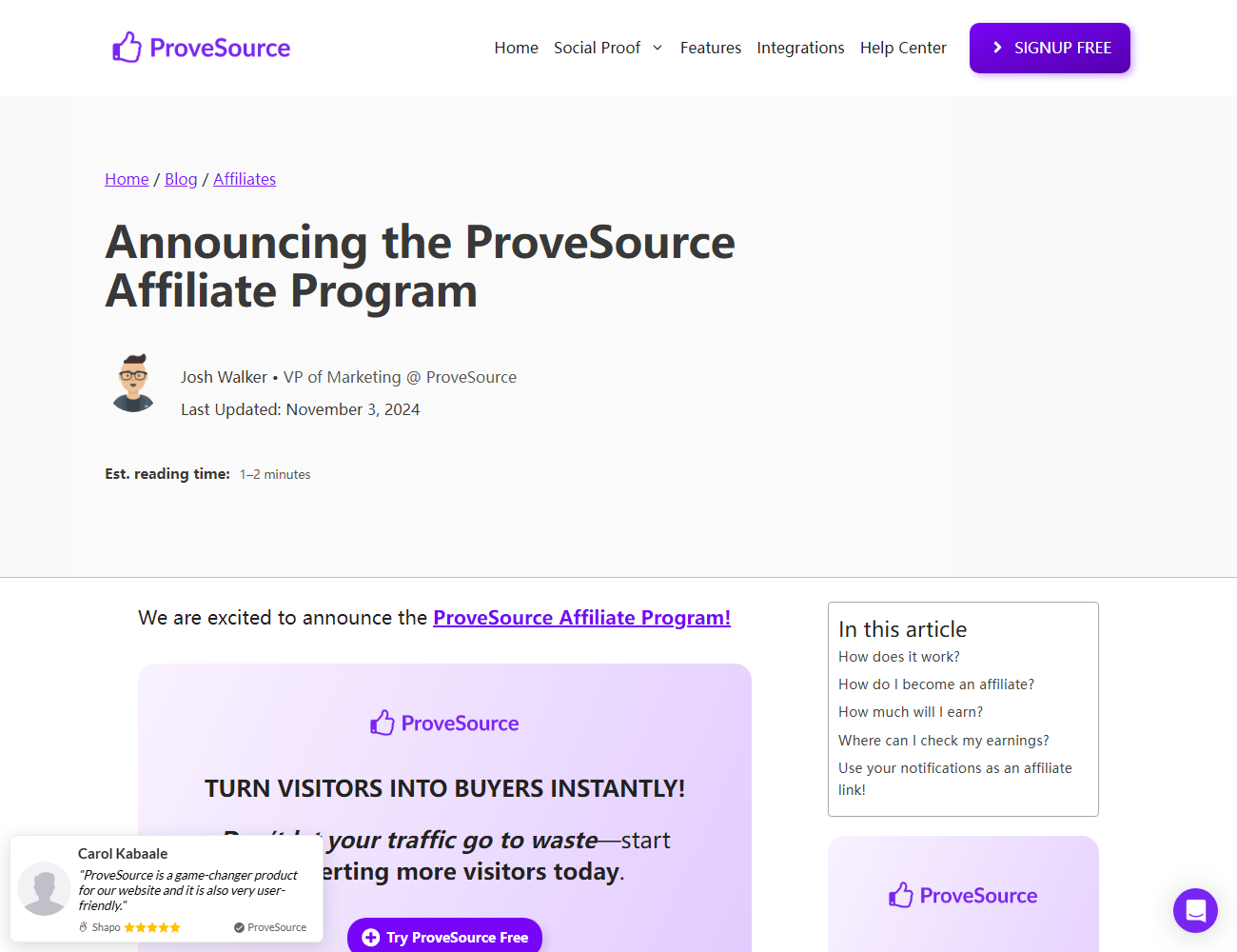 ProveSource官方博客里的联盟计划公告
