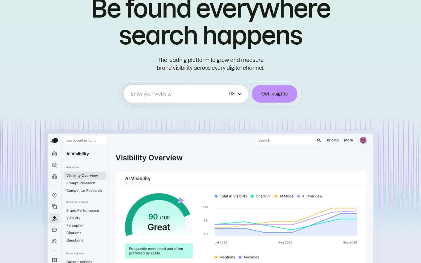 Semrush首页,是查网站数据的工具,标语说帮你在所有搜索发生的地方被找到,下面截图里能看到可见度评分、AI搜索表现、外链和流量这些指标