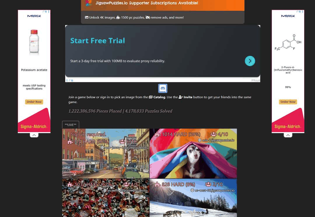 Semrush上jigsawpuzzles.io的域名概览：Authority Score权重分34分，自然流量估算8.3K环比下降5.8%，自然关键词4.1K个