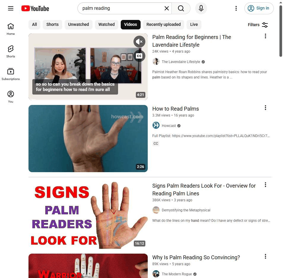YouTube上palm reading手相教程视频,播放量几万到几百万