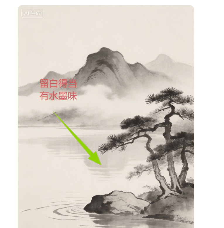 AI生成的水墨山水图，大面积留白只有远山和一棵松，有真正的水墨味道