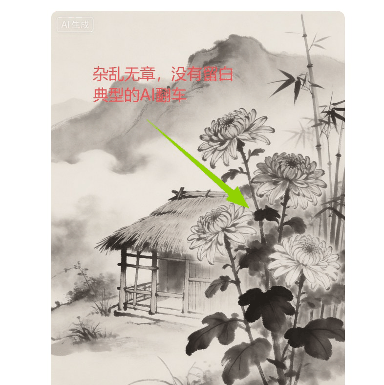 AI生成的水墨图典型翻车案例，山水树屋菊花竹子全挤在一起，画面杂乱没有留白