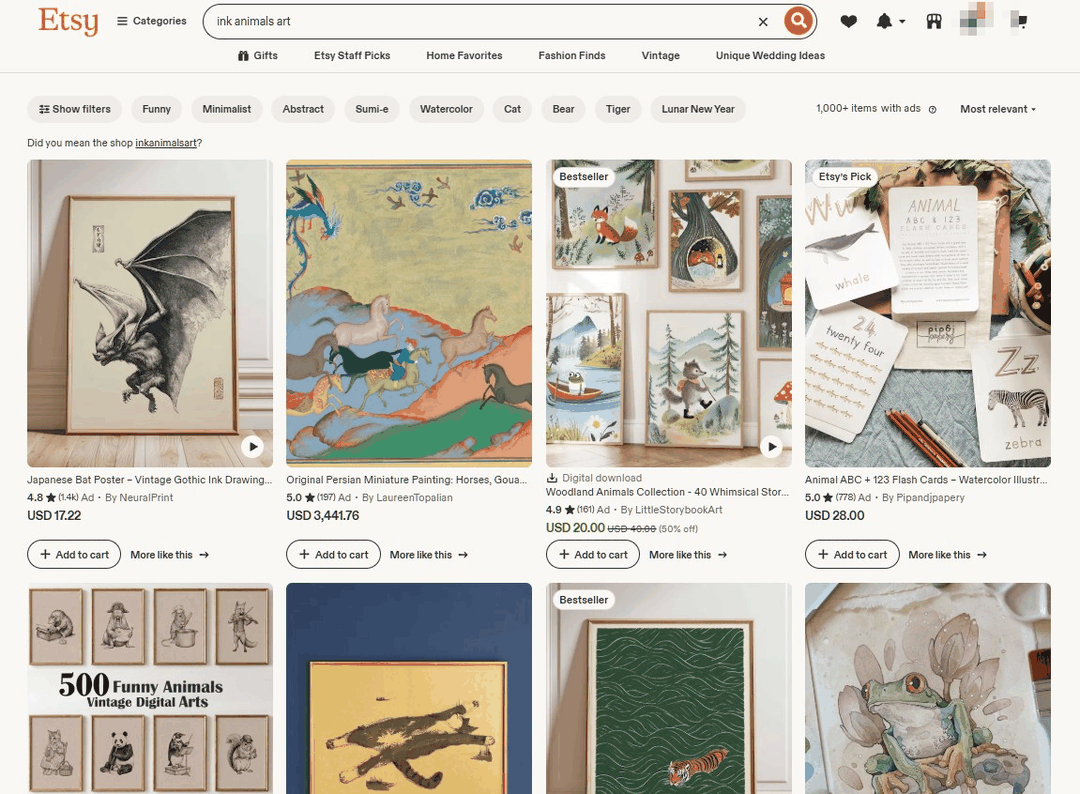 Etsy搜索ink animals art水墨动物的数字产品结果，鱼虾马等东方水墨风格动物插画