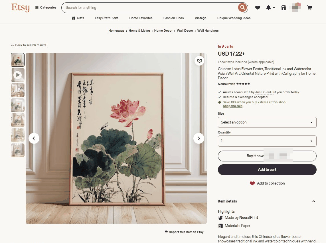 Etsy上中国莲花水墨数字下载产品页，传统水墨技法配题字，页面显示已有9人加入购物车