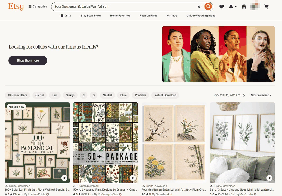 Etsy搜索Four Gentlemen四君子成套botanical wall art的结果，成套植物墙面装饰画产品