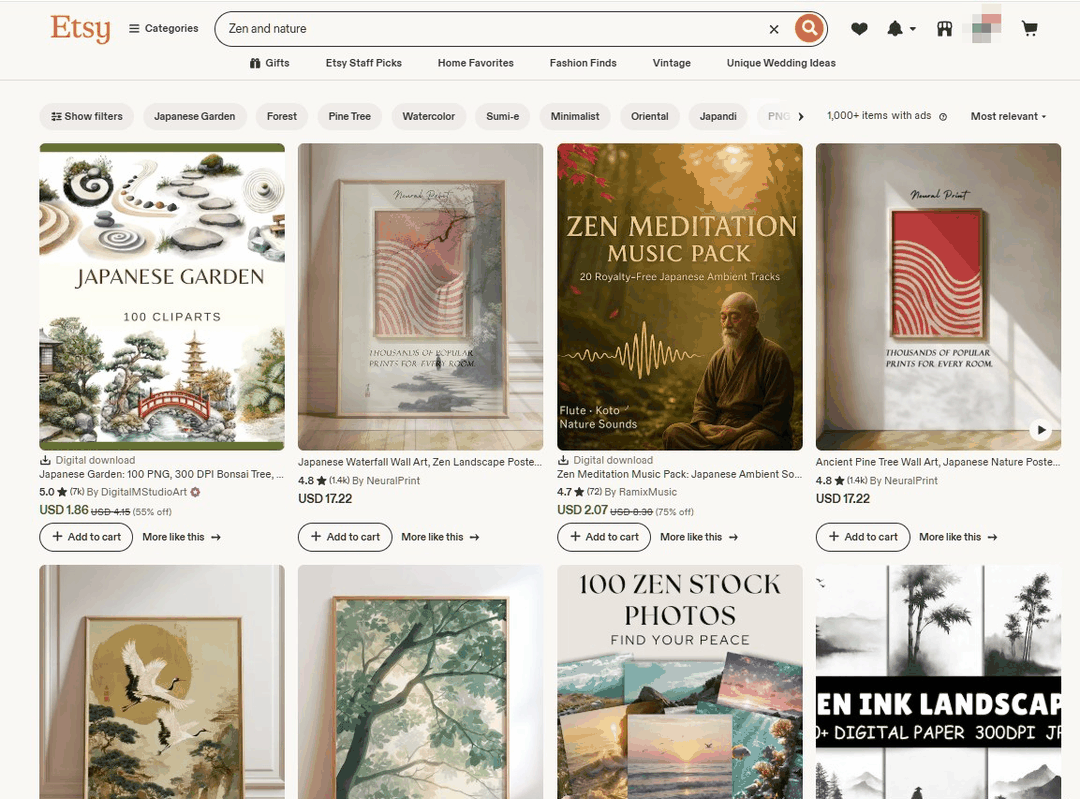 Etsy搜索Zen and nature禅意自然的水墨数字产品结果，竹子松树日式庭院题材的墙面装饰画