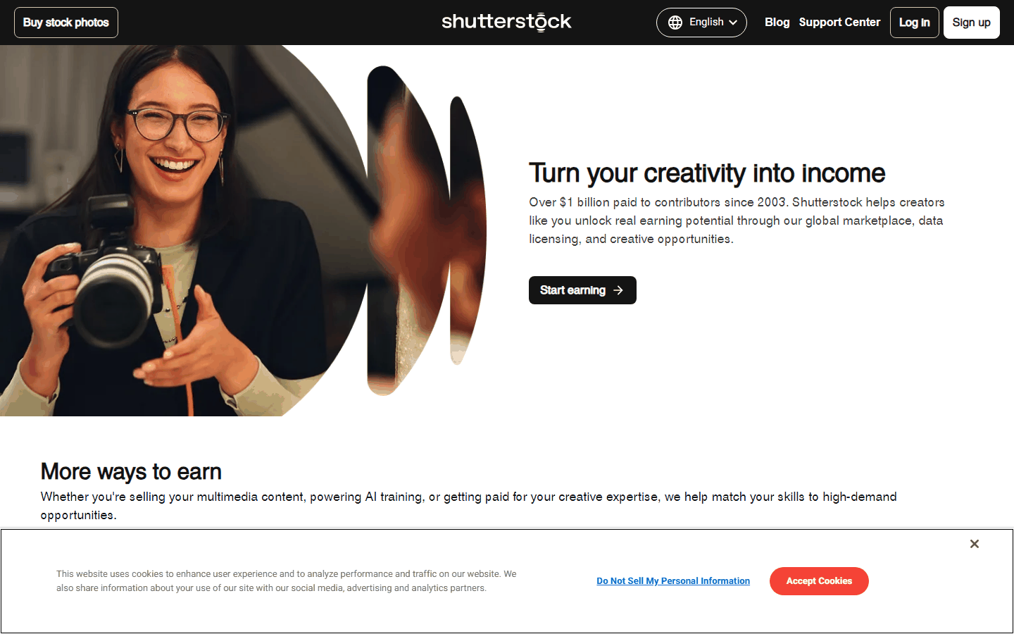 Shutterstock图库贡献者页面,显示自2003年已向创作者支付超过10亿美元