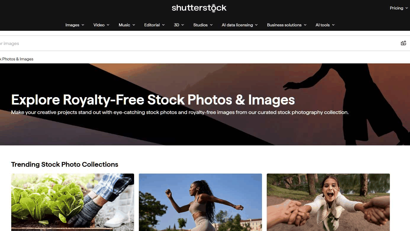 Shutterstock图库首页:Explore Royalty-Free Stock Photos & Images,下方是热门图片合集分类展示