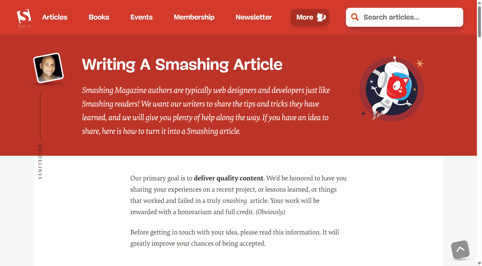 Smashing Magazine投稿指南页面，说明作者多为网页设计师和开发者，采用稿件给予酬金和完整署名