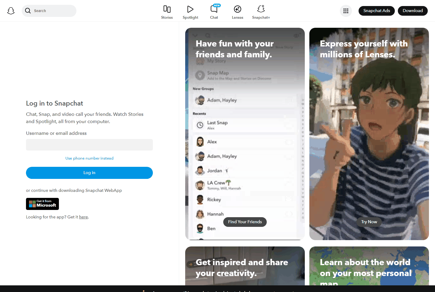 Snapchat官网登录界面,展示Stories、Spotlight、Lenses等主要功能入口