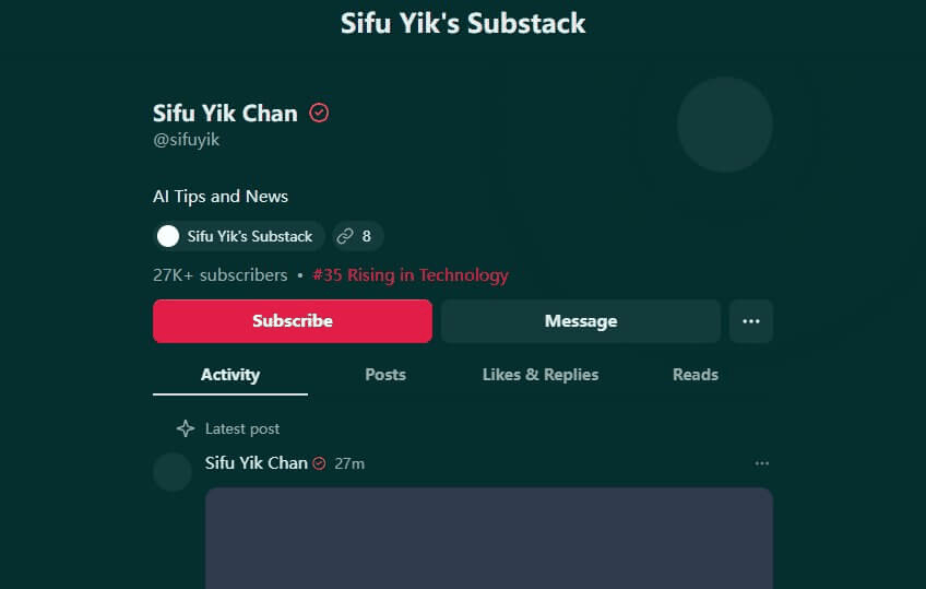 Substack付费邮件订阅页面,作者按月向读者收订阅费