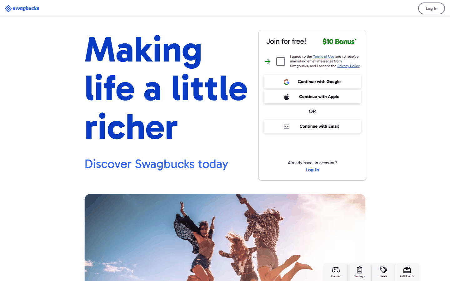 Swagbucks奖励平台首页，新用户注册送10美元奖励