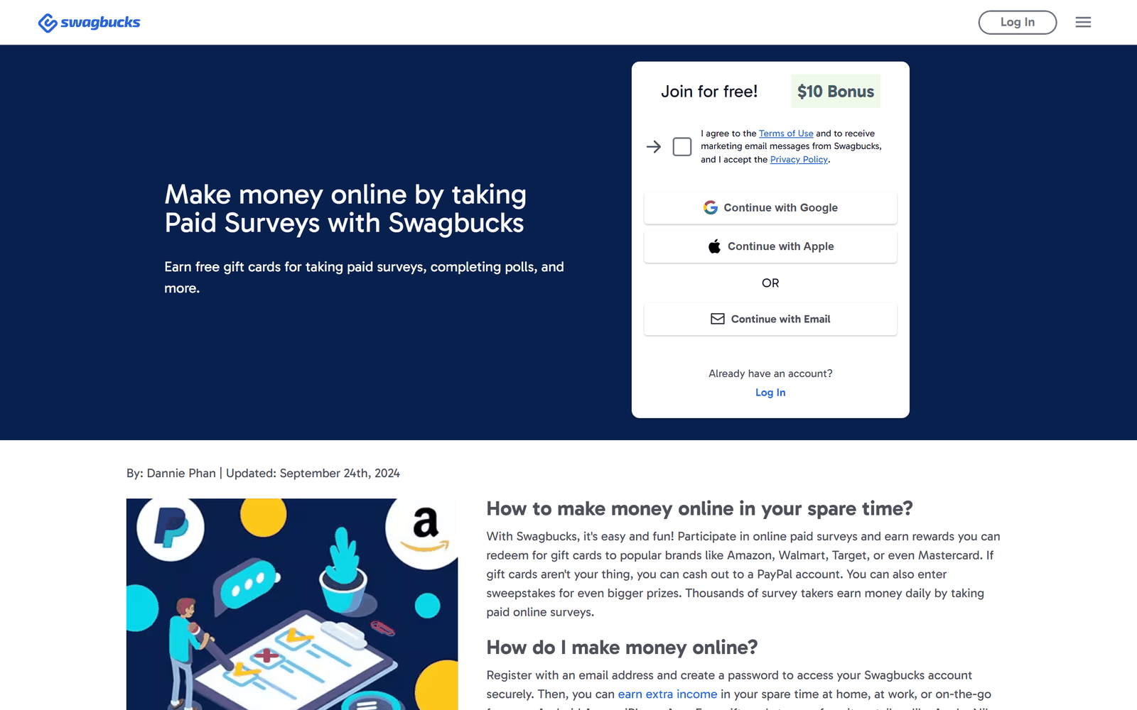 Swagbucks的付费问卷页面,讲怎么用业余时间做问卷换礼品卡和PayPal现金