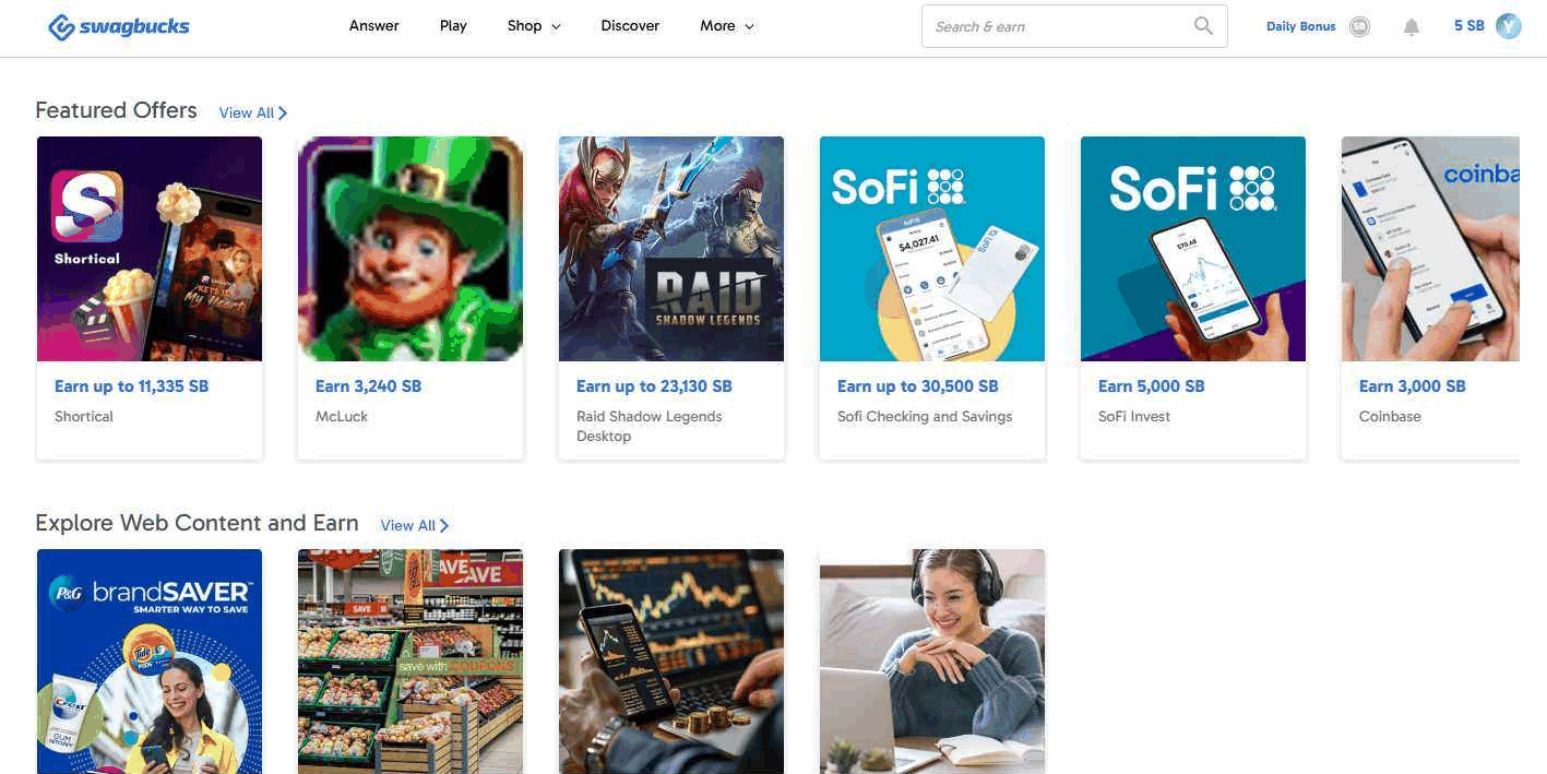 Swagbucks平台任务页面:Featured Offers栏目里的任务标注Earn up to 30500 SB等积分奖励,下方是网页浏览赚积分板块