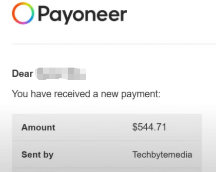 Payoneer收款通知:You have received a new payment,金额544.71美元,付款方为一家海外媒体公司