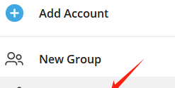 Telegram的新建菜单:Add Account添加账号、New Group新建群组,下方是新建频道入口