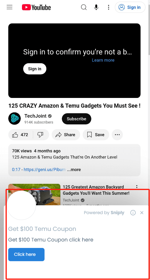 用Sniply在YouTube视频页面挂Temu推广弹窗的实际效果