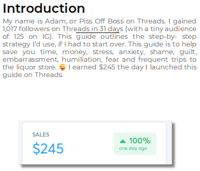 Threads案例作者的电子书开篇,写着31天涨1017粉,上线当天卖了245美元