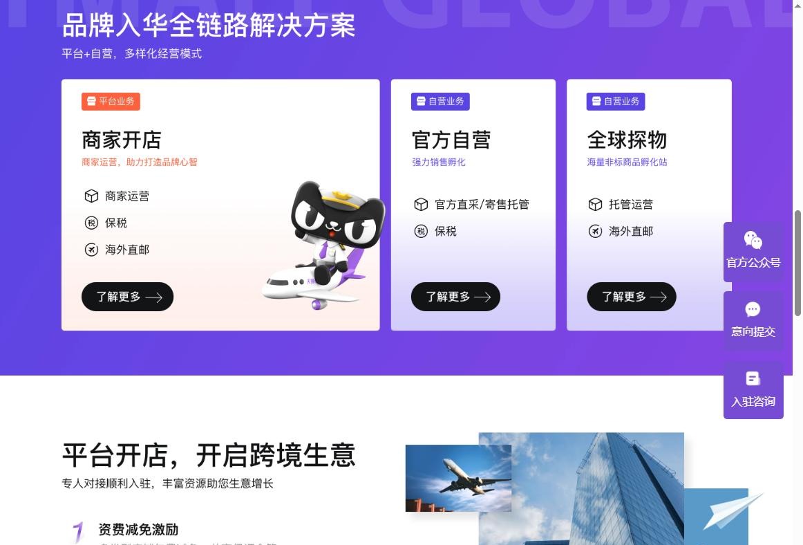 天猫国际的品牌入华方案页,一共三种经营模式