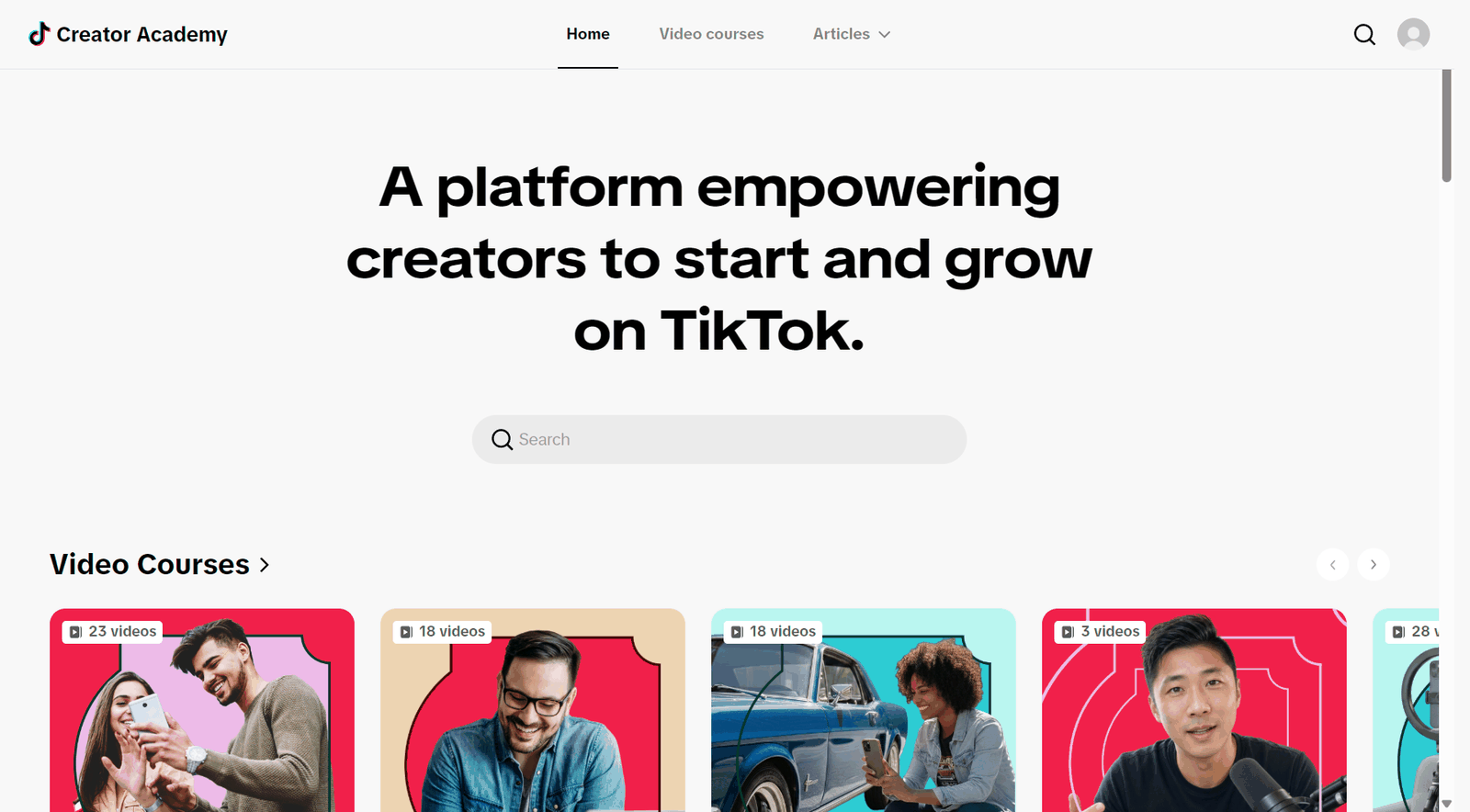 TikTok创作者学院页面,平台专门开设课程教创作者如何成长和变现