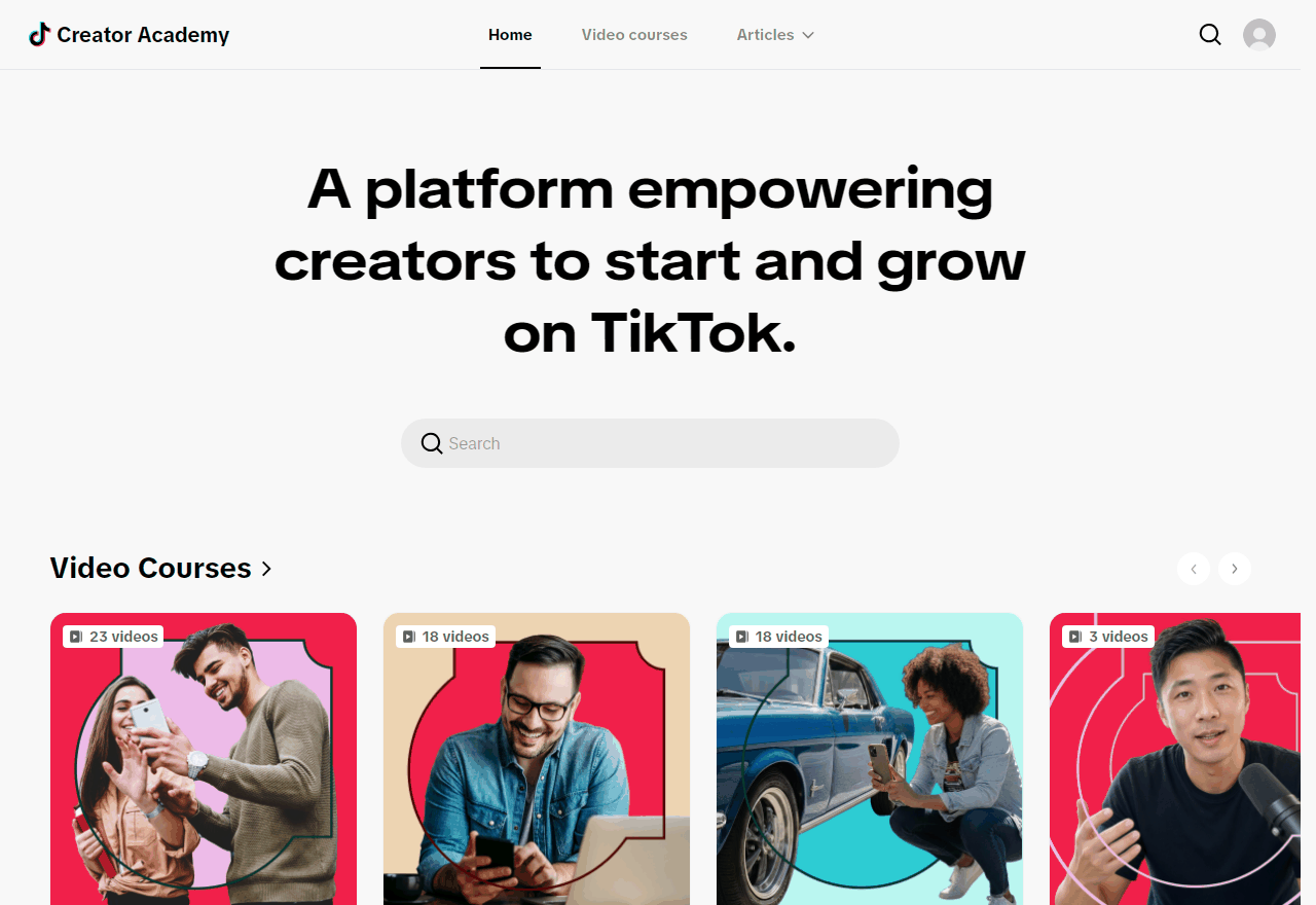 TikTok官方创作者学院首页,四个系列的免费视频课程