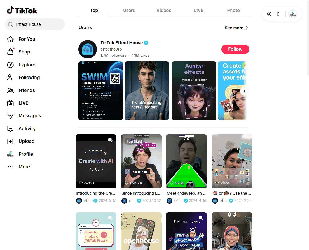 TikTok Effect House官方账号页面,特效创作者在这里学做特效并申请奖励