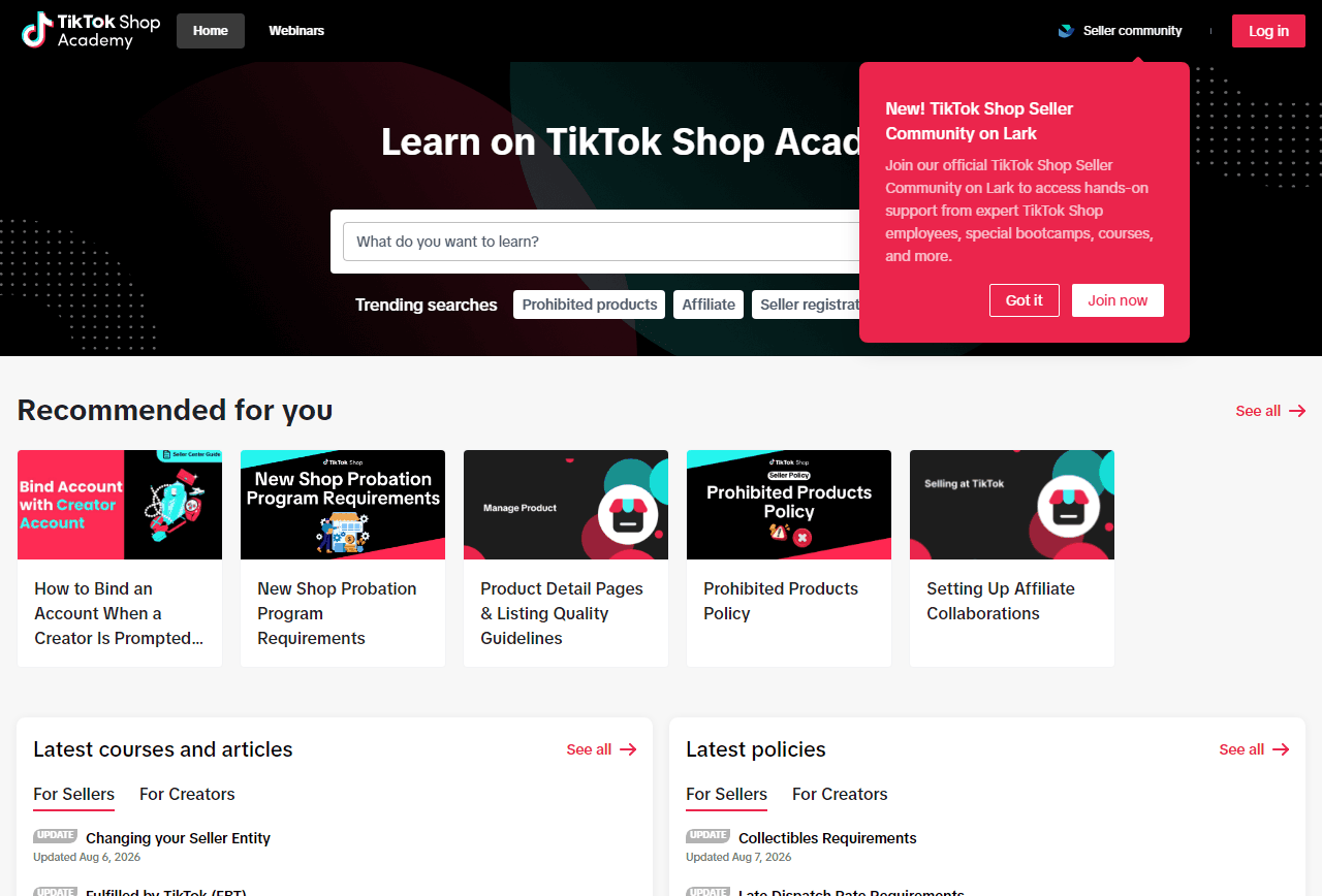 TikTok Shop Academy卖家学院首页，官方开店课程和政策文档