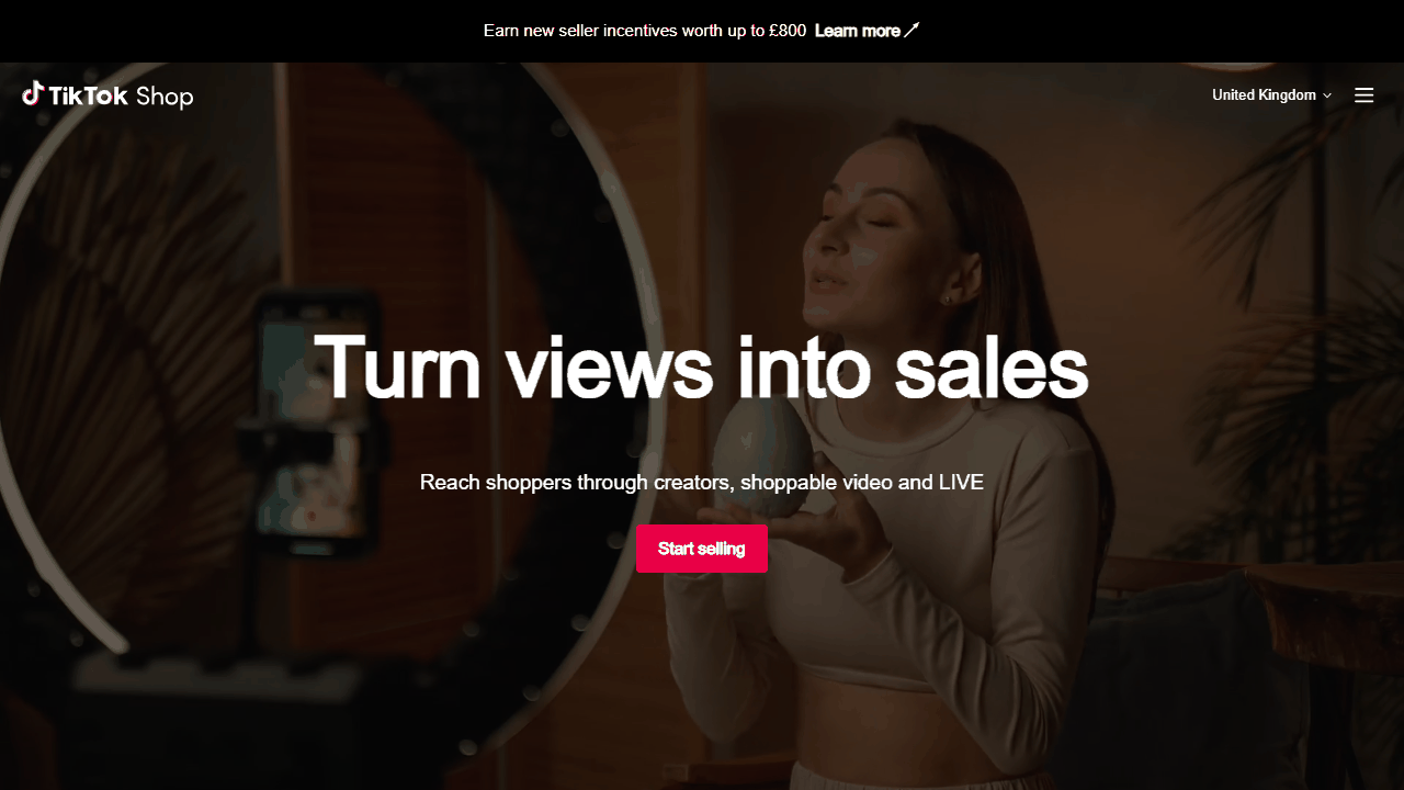 TikTok Shop官网首页，主打把短视频播放量直接转化成订单