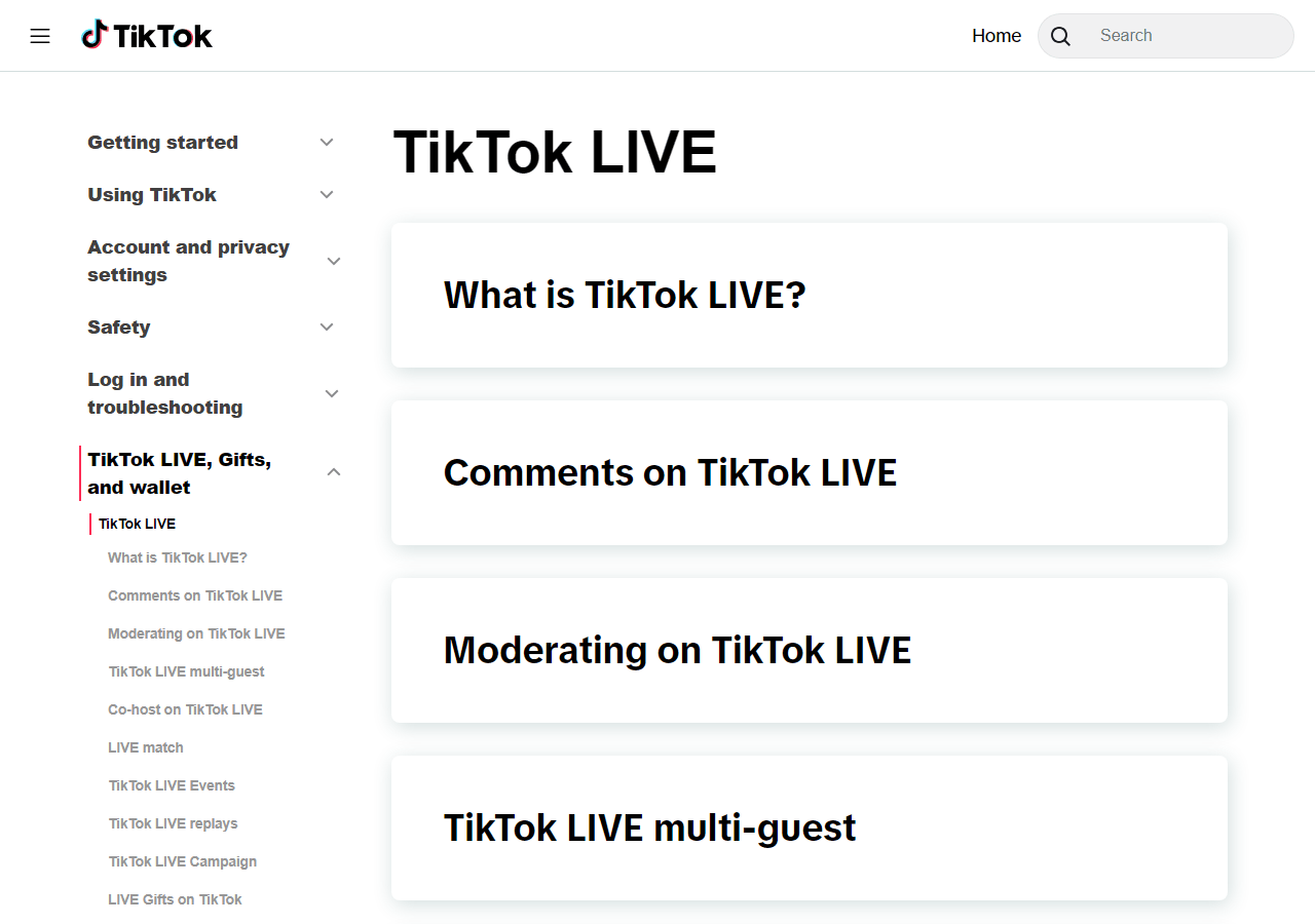 TikTok LIVE官方帮助文档目录,列出直播功能各项规则说明