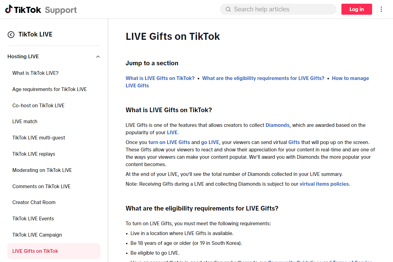 TikTok官方说明LIVE Gifts礼物功能,列出收钻石的四条开通条件