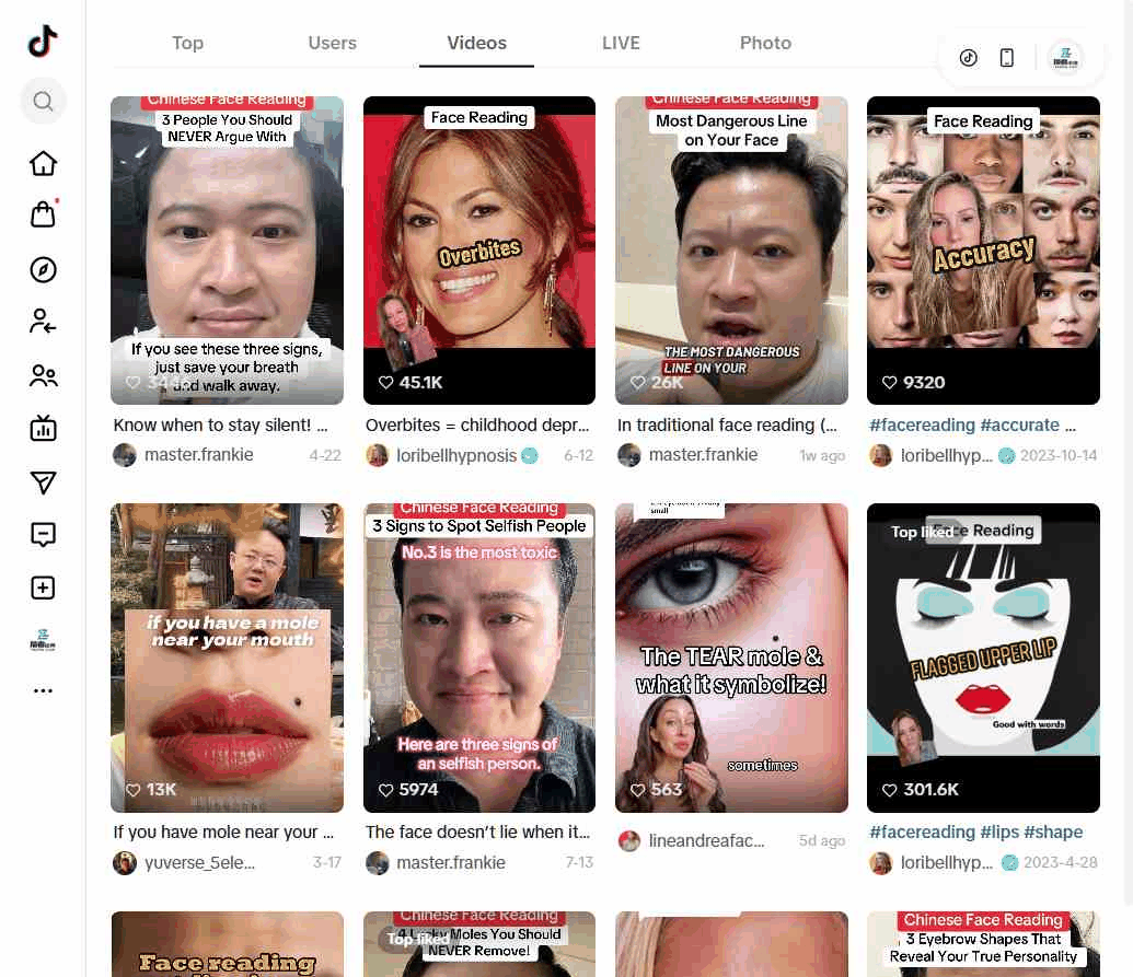 文化出海项目:TikTok上chinese face reading话题下的视频列表