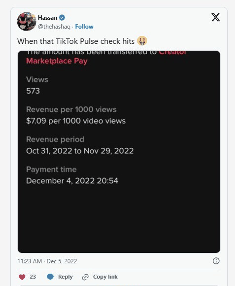 海外创作者晒出的TikTok Pulse广告分成收益截图,每千次播放7.09美元