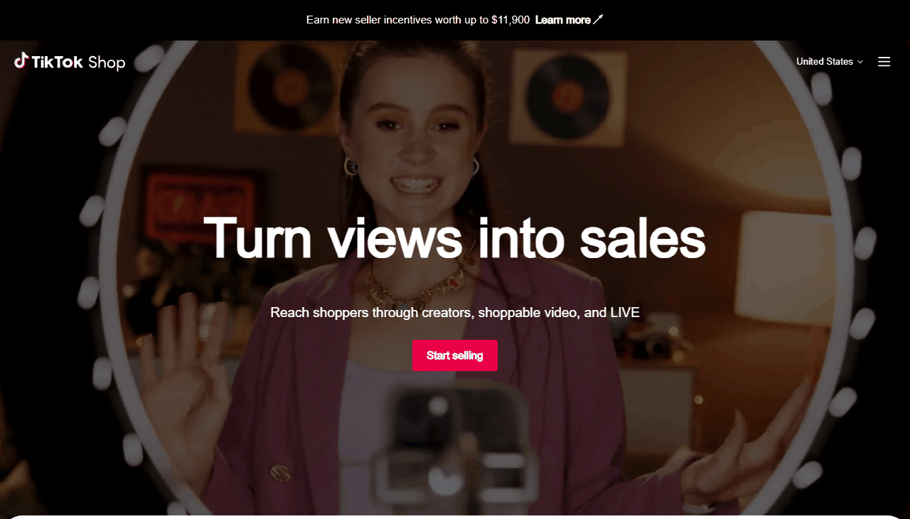 TikTok Shop卖家招募页面,写着新卖家激励最高11900美元