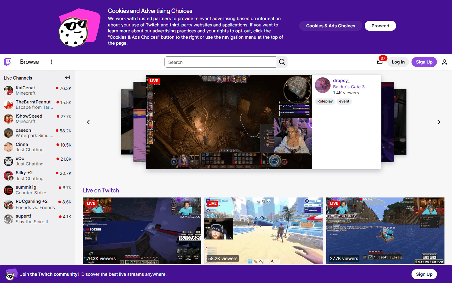 Twitch直播平台首页,头部主播同时在线观众7.63万人