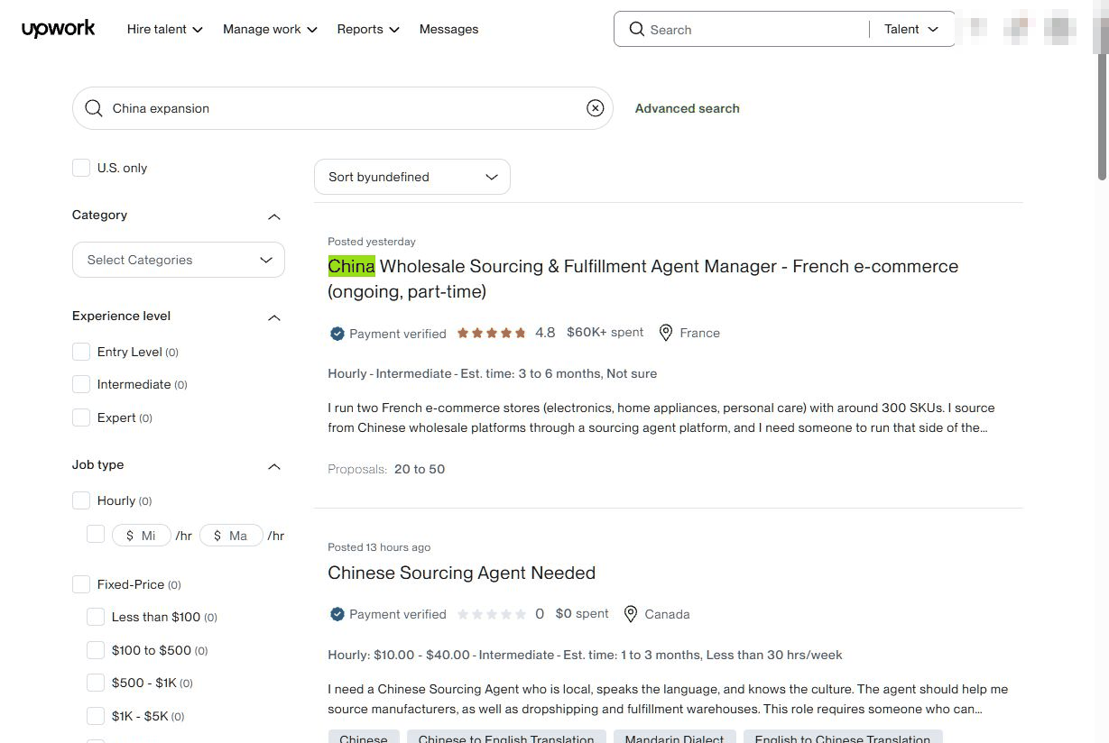 Upwork上China expansion相关的招聘需求，法国和加拿大客户在招采购和履约代理