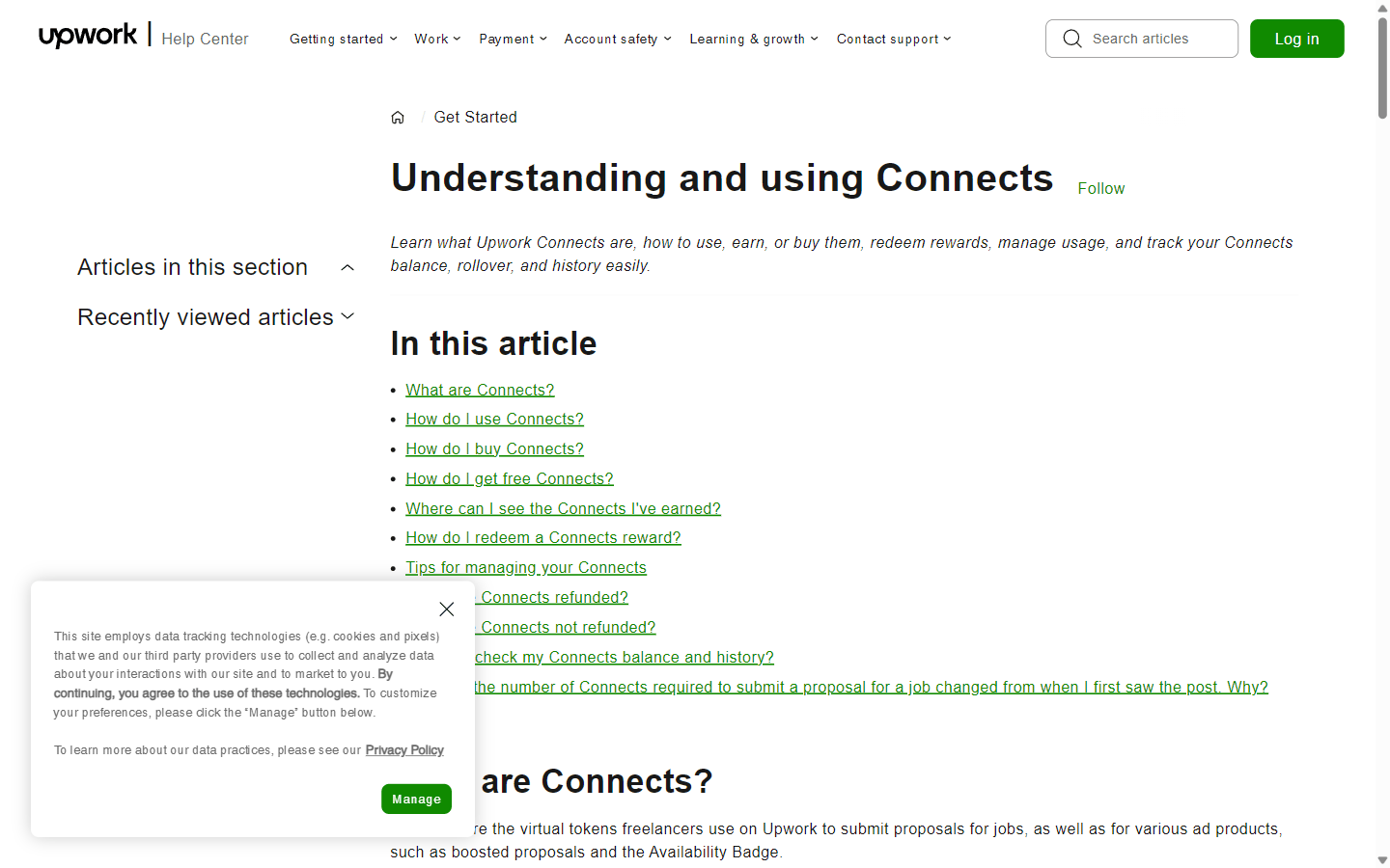Upwork帮助中心的Connects规则说明页,投标要消耗Connects