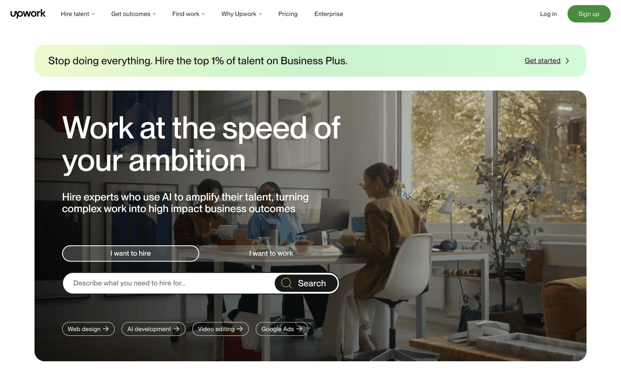 Upwork官网首页,顶部可切换我要招人和我要找活两种身份
