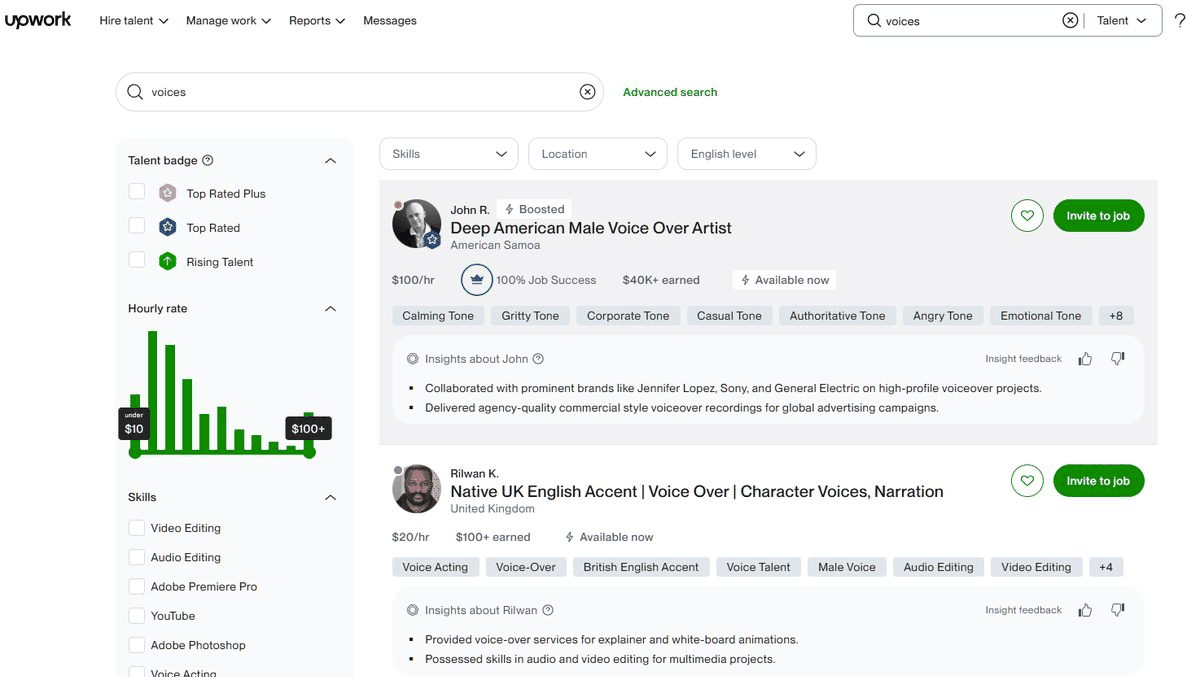 Upwork配音接单者档案,美式男声配音时薪100美元、累计赚取4万多美元,英式口音配音时薪20美元