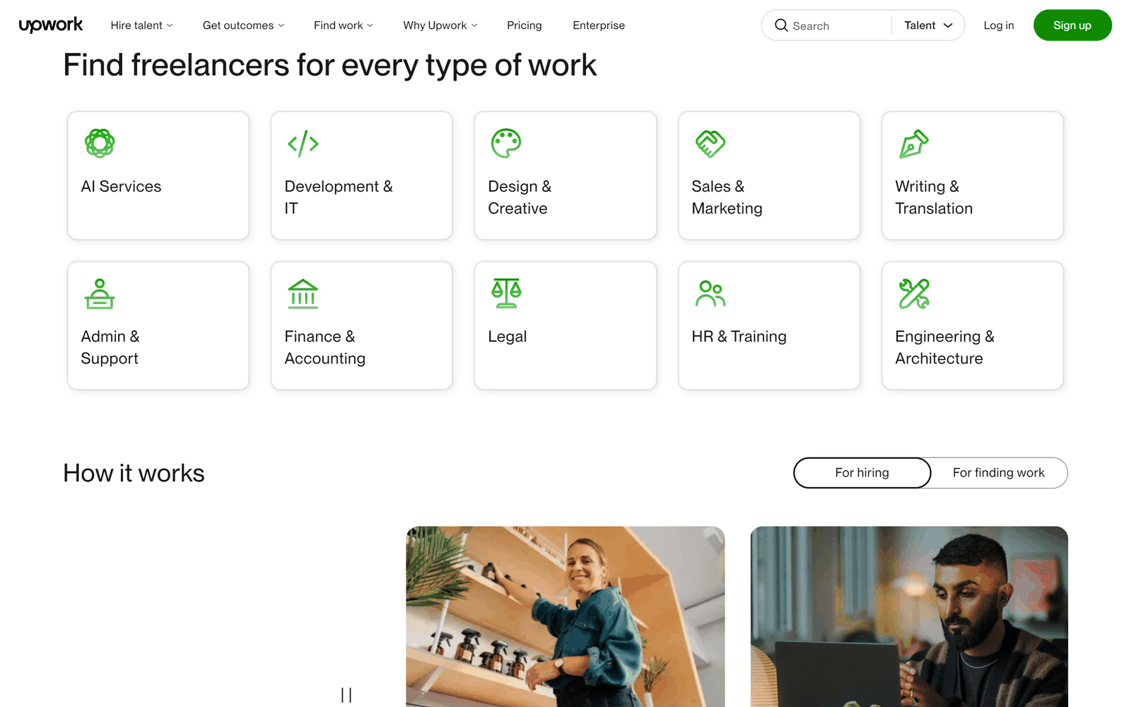 Upwork的服务大类:AI服务、开发与IT、设计与创意、销售与营销、写作与翻译、行政支持、财务、法律、HR培训、工程建筑