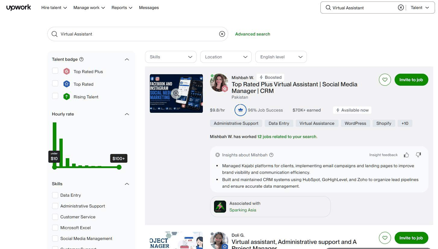Upwork上一位虚拟助理的档案，时薪9.87美元、累计赚取超过7万美元、工作成功率96%