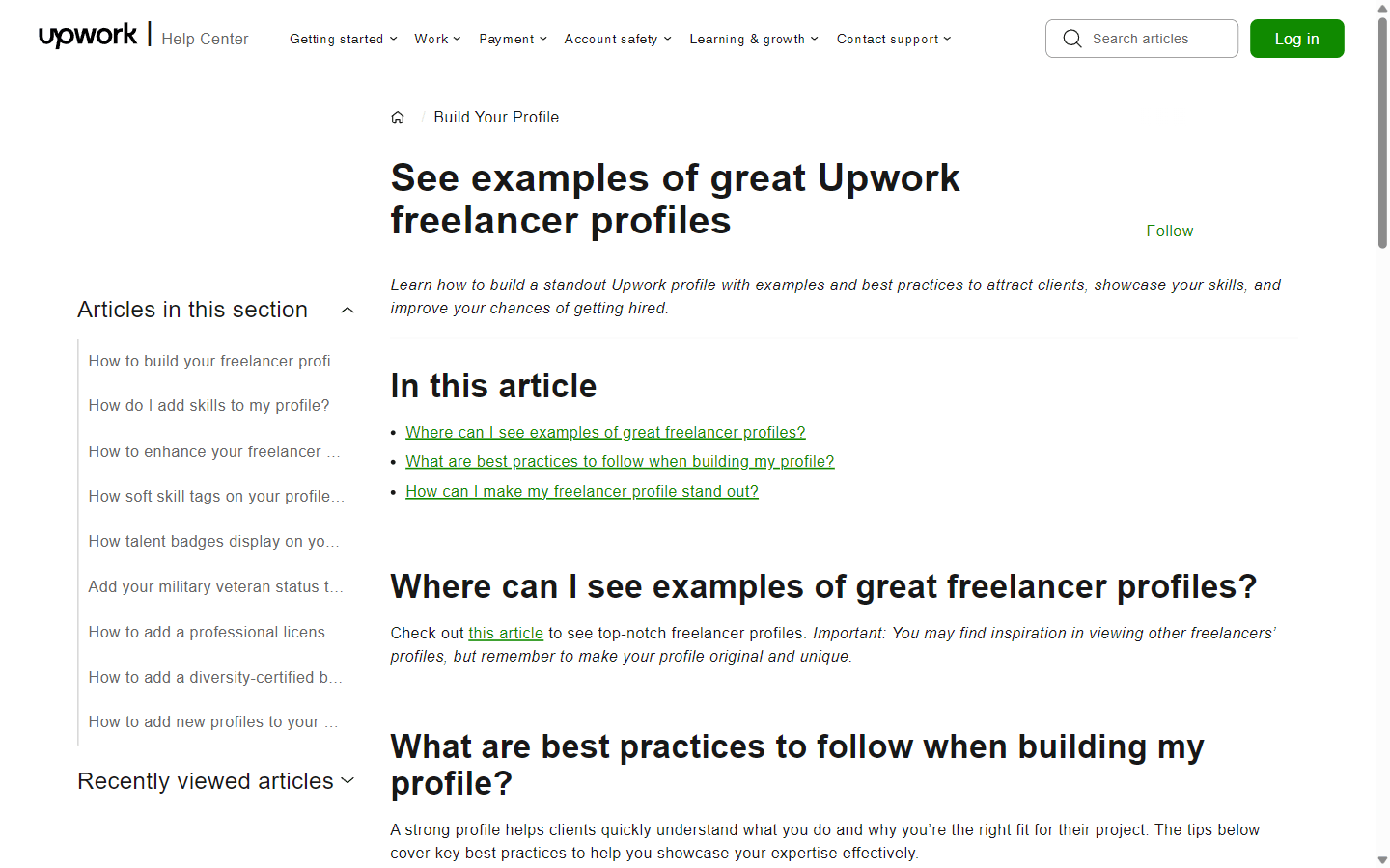 Upwork帮助中心关于freelancer资料页怎么写的官方说明