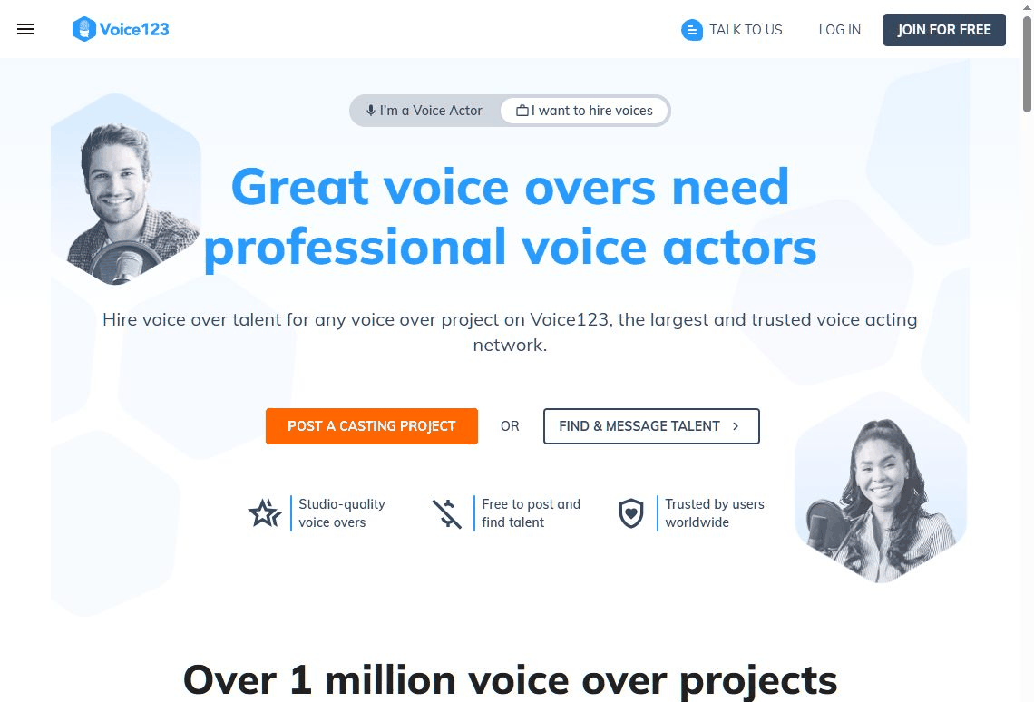 Voice123配音平台首页,已完成超过100万个配音项目