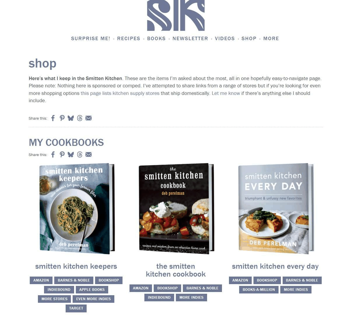 Smitten Kitchen美食博客靠卖食谱电子书变现的在线商店页面