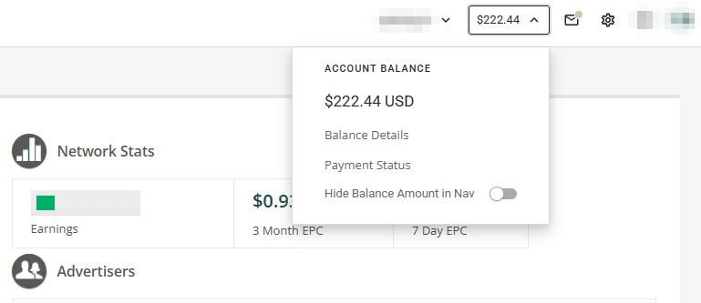 ShareASale联盟平台的账户余额与每百次点击收入EPC数据界面