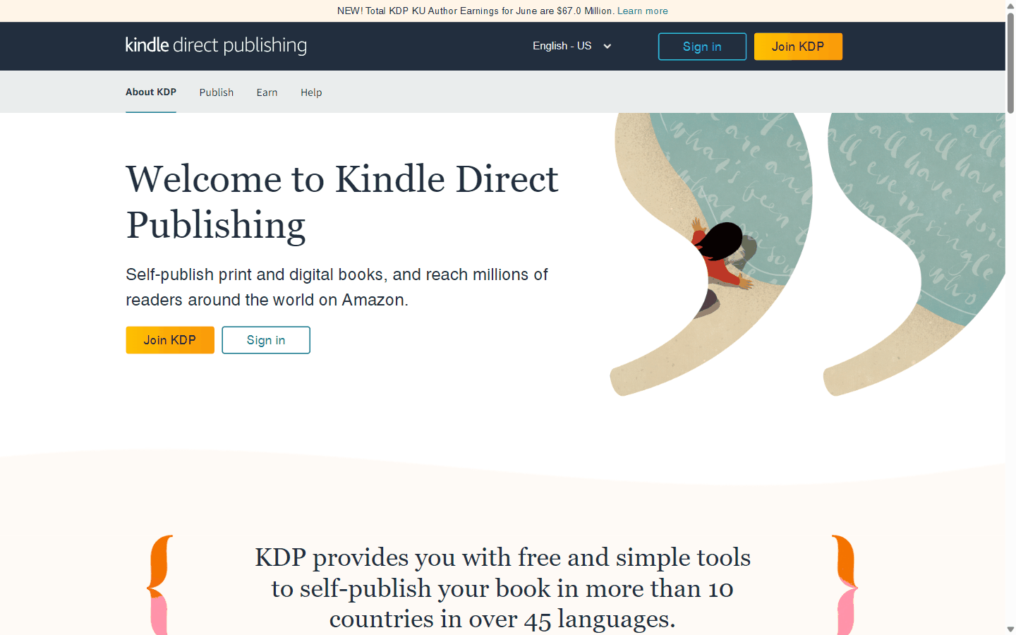 亚马逊Kindle Direct Publishing自助出版首页,顶部显示当月KU作者分成6700万美元