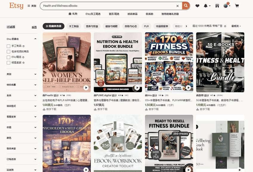 Etsy上在卖的养生健康类电子书和工作手册，属于零成本复制的虚拟产品