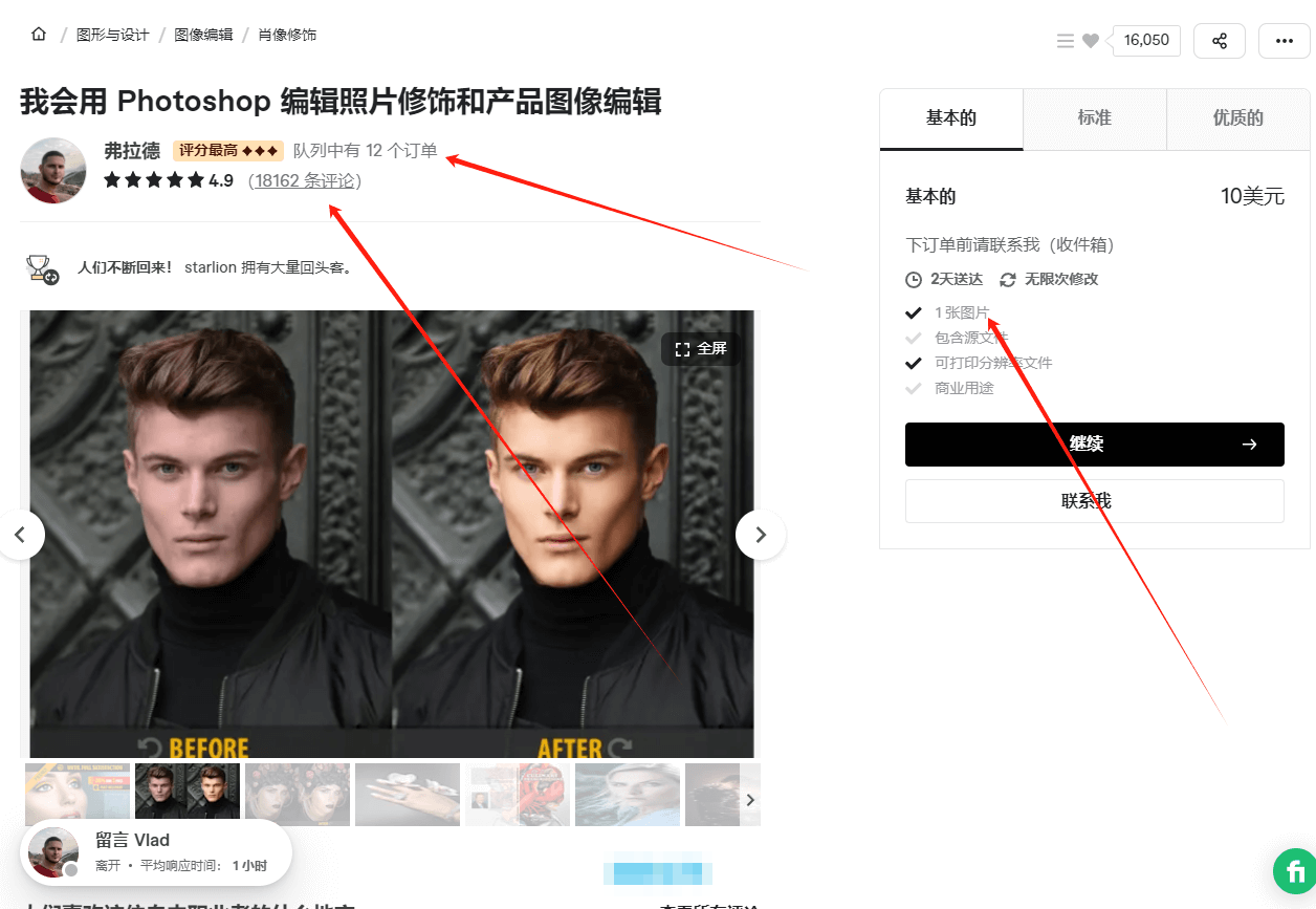 Fiverr照片修饰服务页面,16050条评论,基础套餐10美元