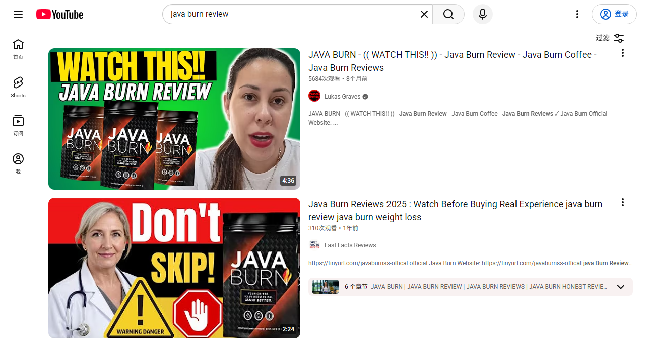 YouTube上搜Java Burn review的结果页,前几条都是产品测评视频,第二条的视频简介里挂着推广短链