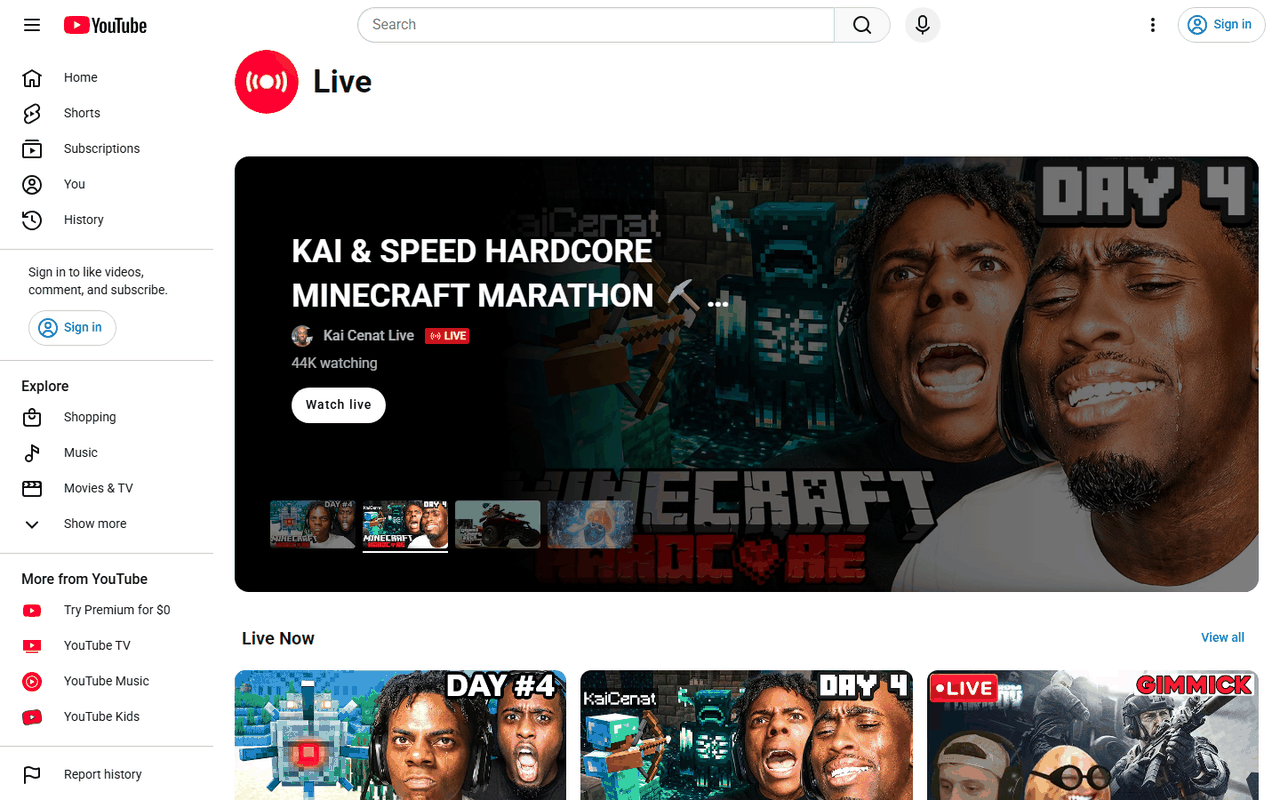 YouTube直播频道页面,一场游戏马拉松直播4.4万人同时观看