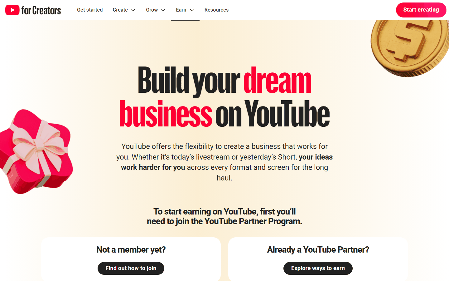 YouTube官方创作者变现页面,写着在YouTube上建立你的事业,下方是加入合作伙伴计划的入口